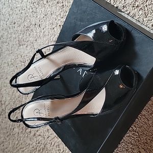 Adrianna Papell Black Patent Leather Peep-Toe Slingback Heels